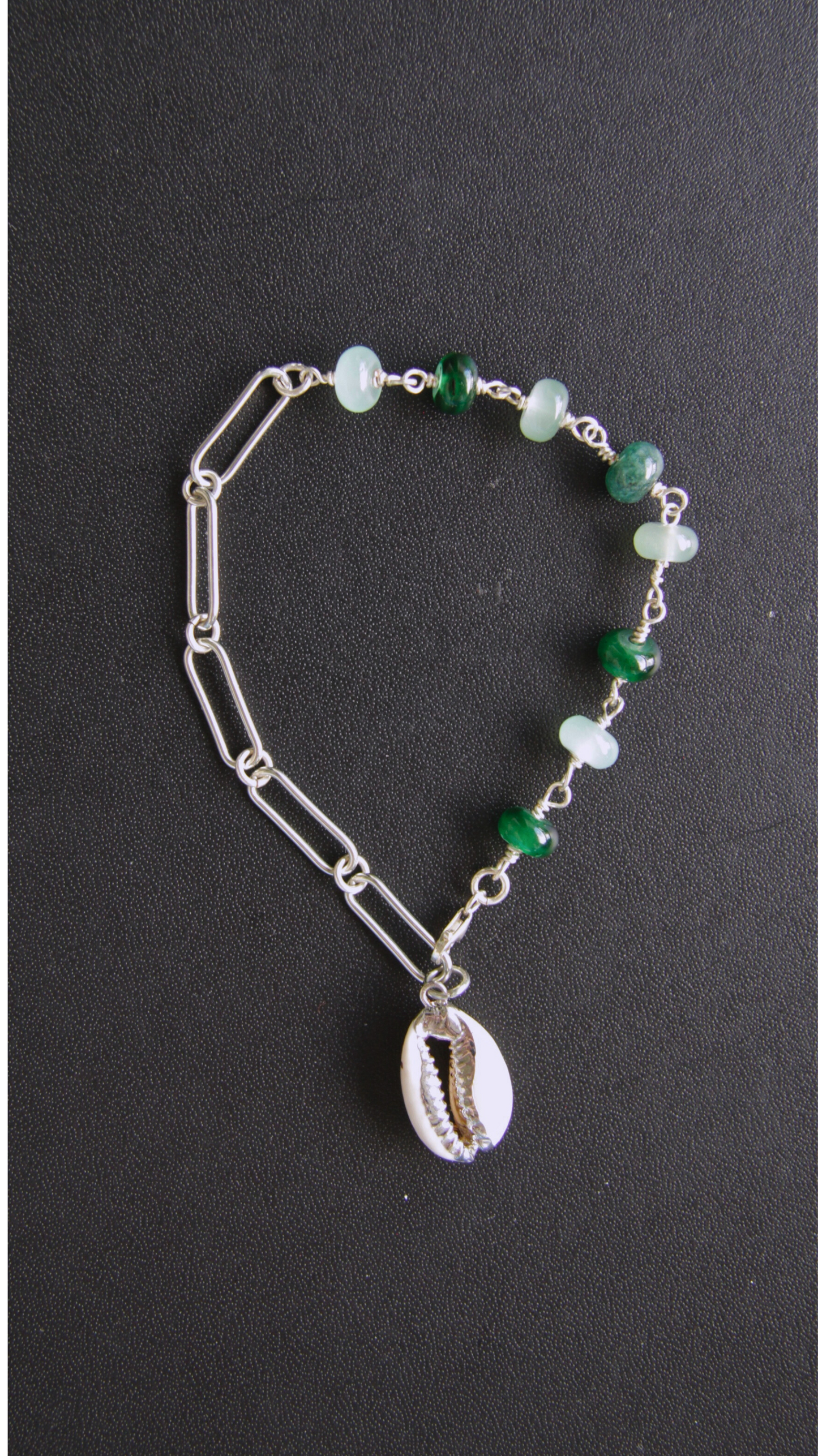 Green Cowrie Shell Silver Ashley Chain Bracelet