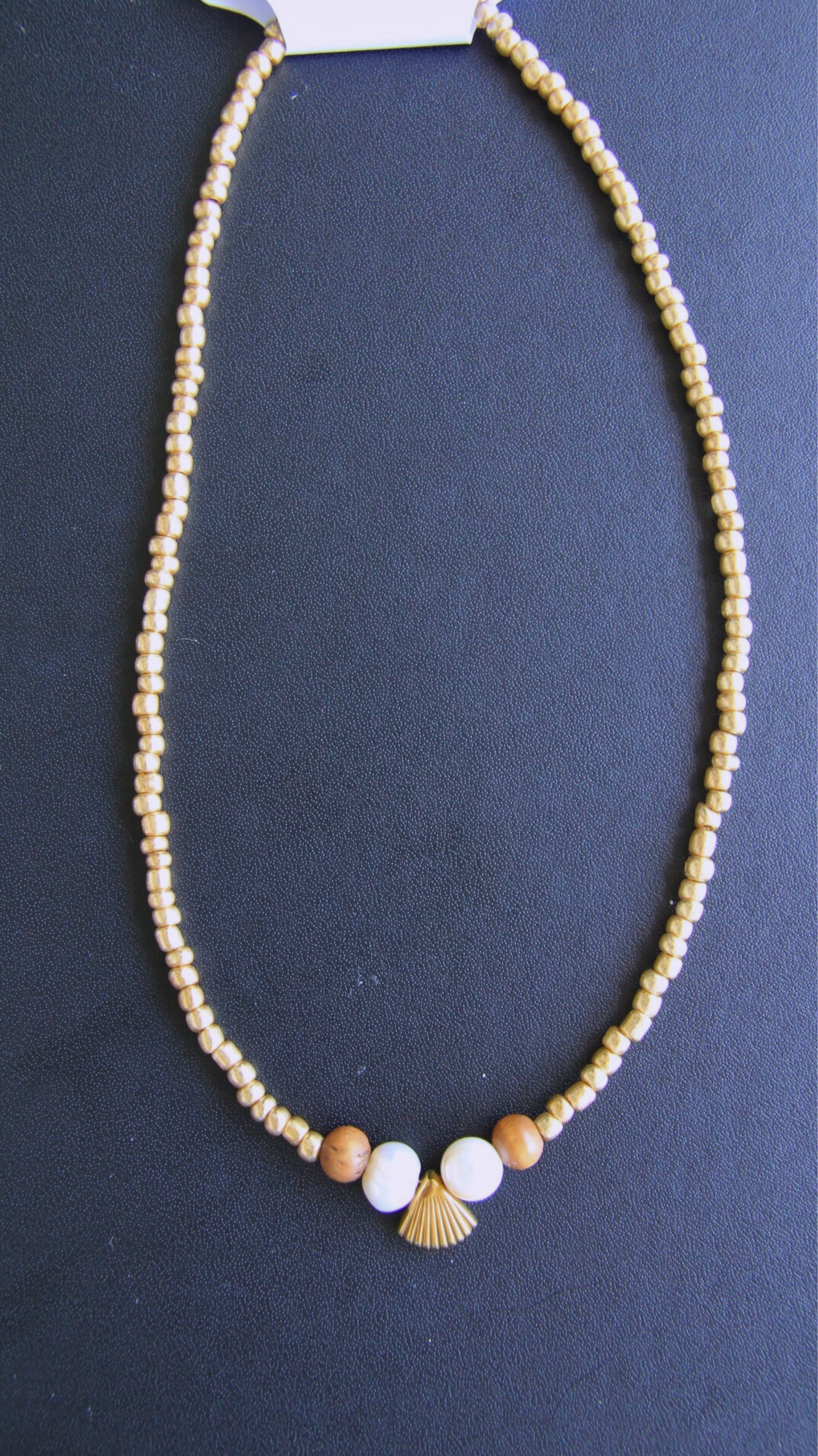 Gold Beaded Pearl and Shell Charm Necklace