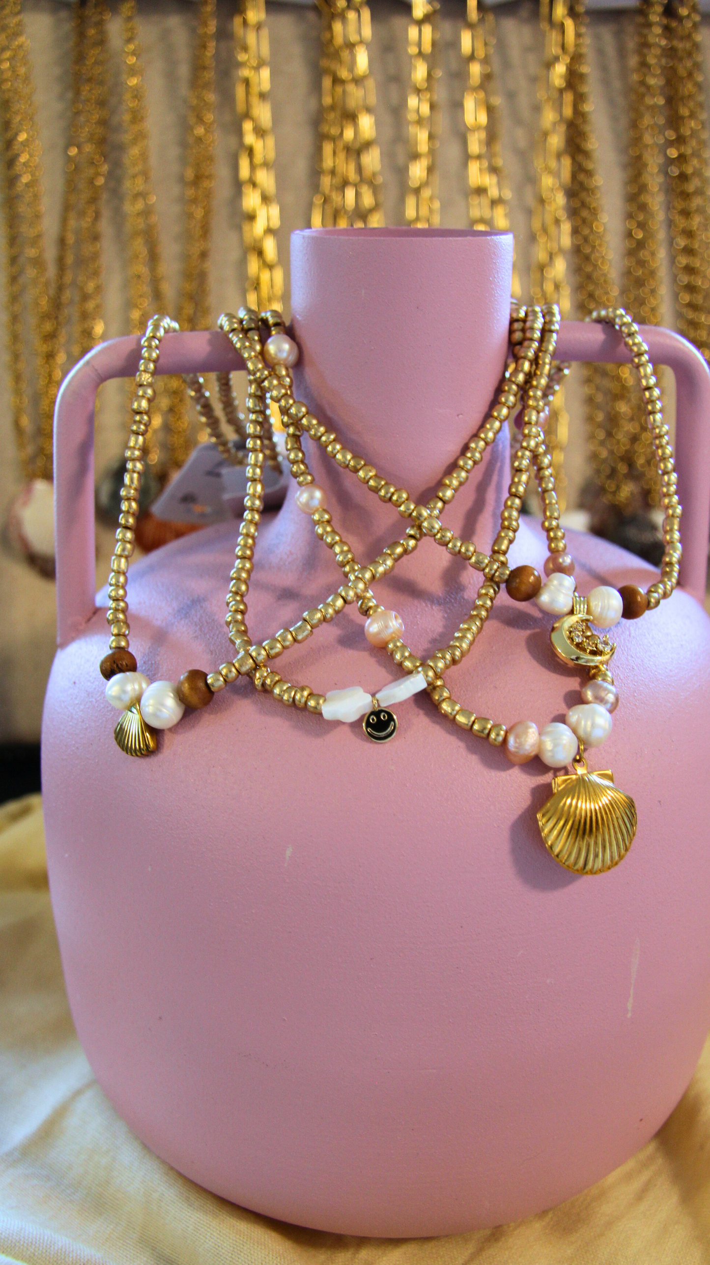 Gold Beaded Pearl & Shell Station Necklace