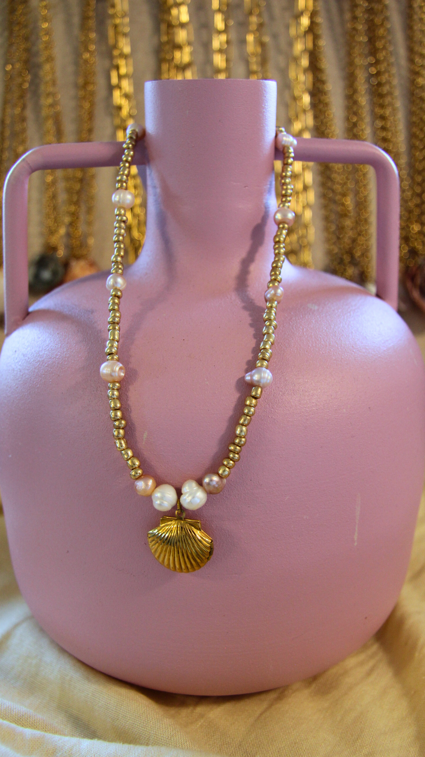 Gold Beaded Pearl & Shell Station Necklace