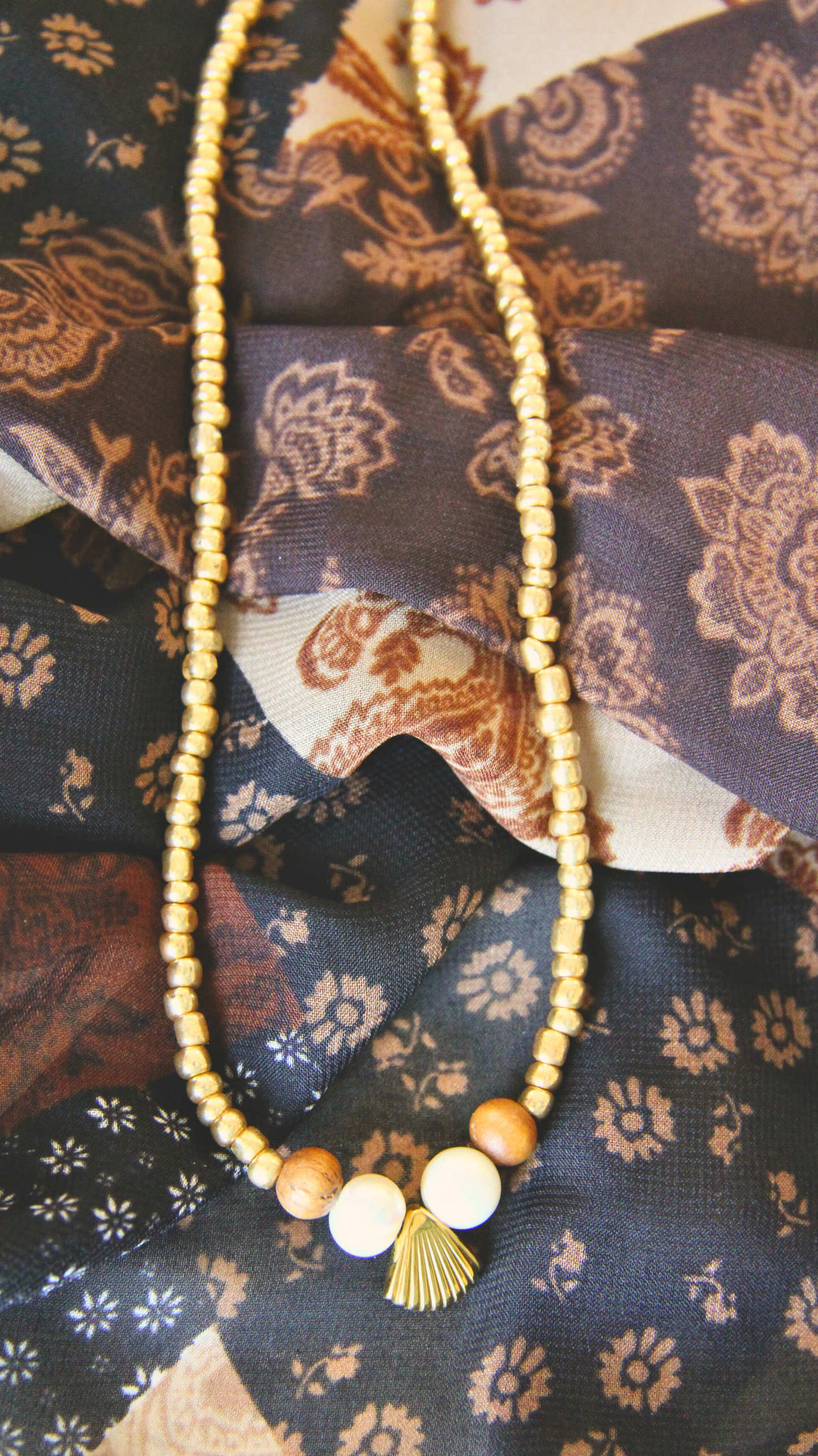 Gold Beaded Pearl and Shell Charm Necklace
