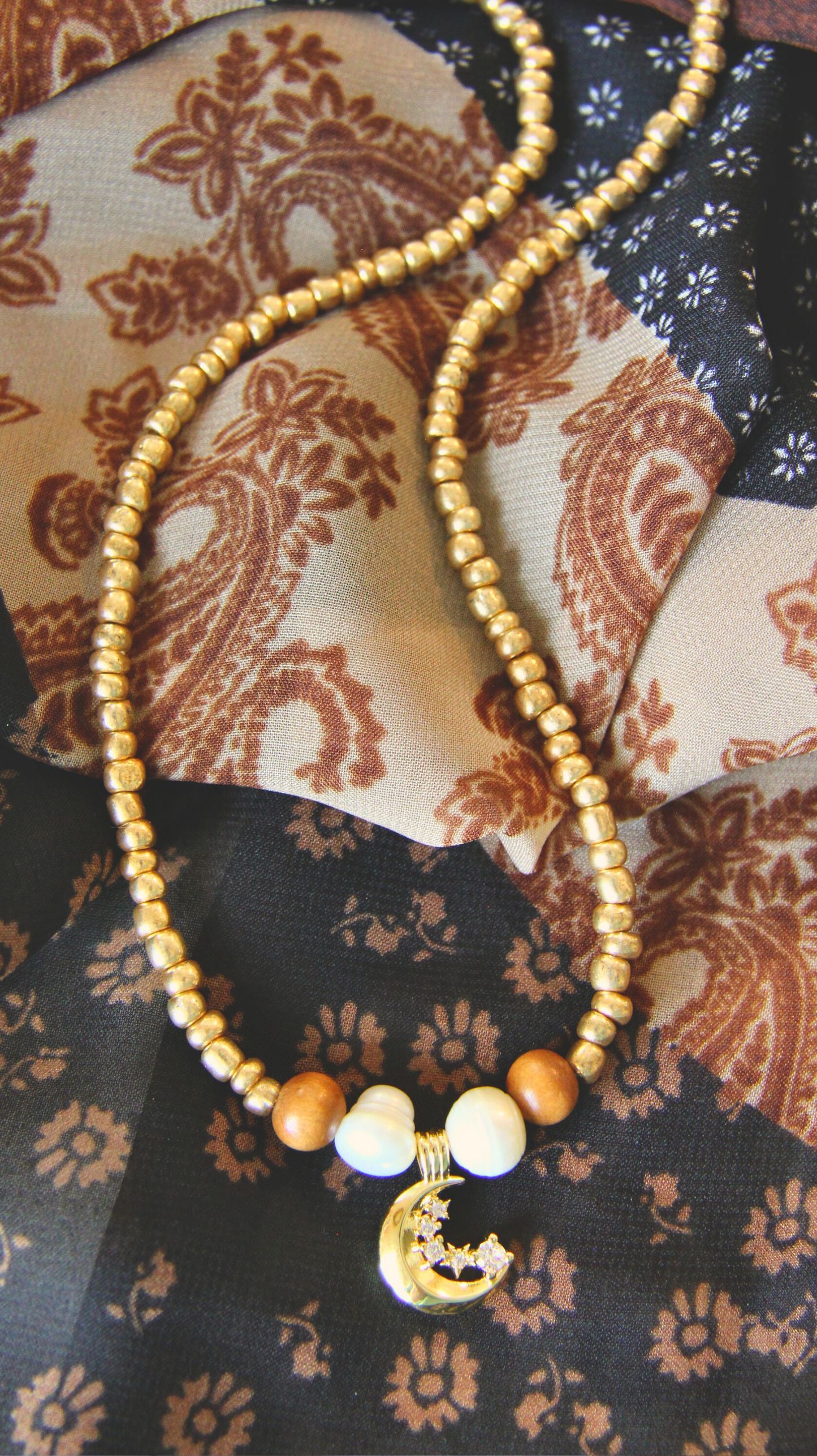 Gold Beaded Moon & Stars Necklace