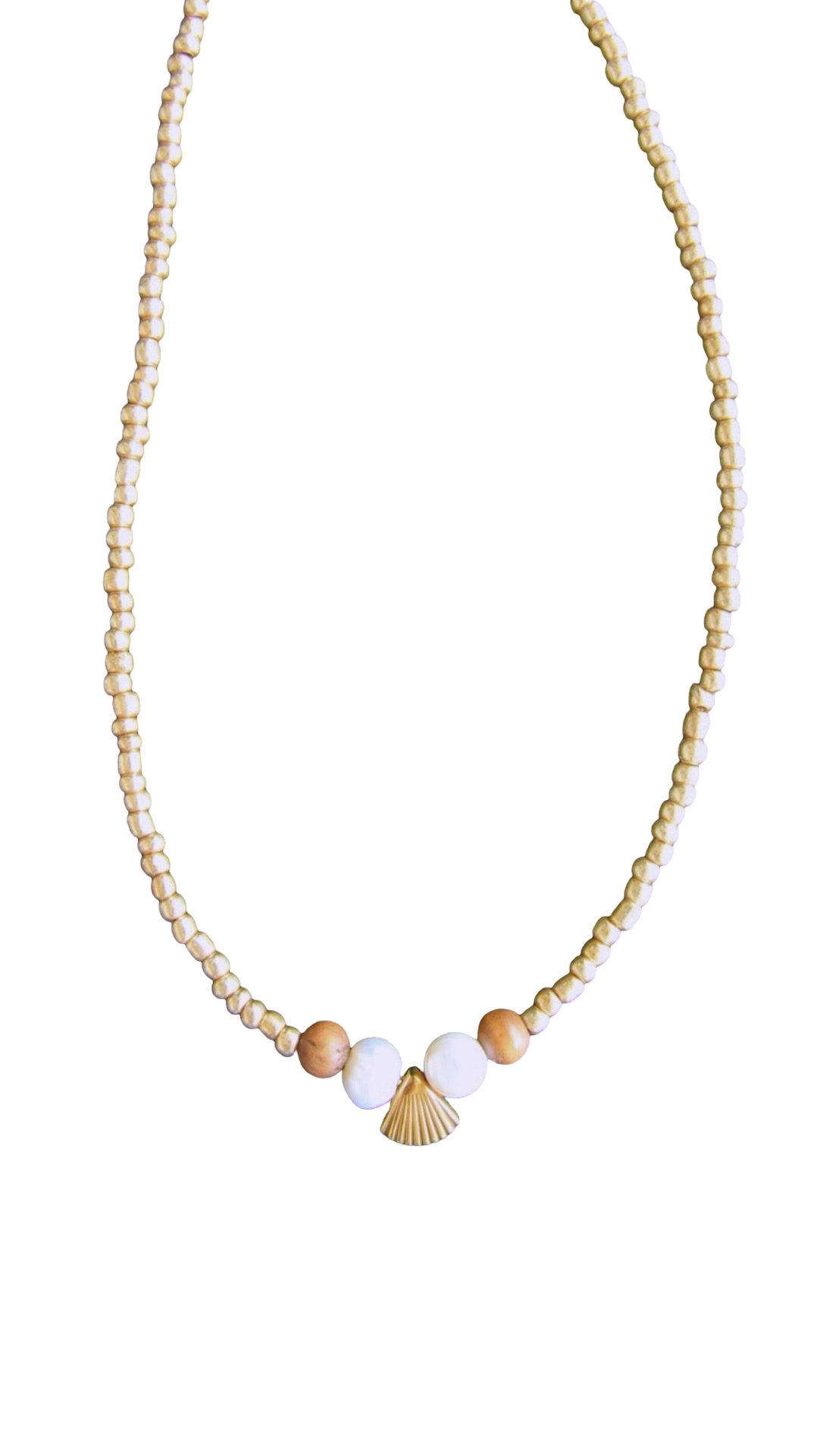 Gold Beaded Pearl and Shell Charm Necklace