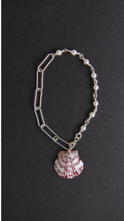 Purple & Pearl Ashley Chain Beaded Silver Shell Bracelet
