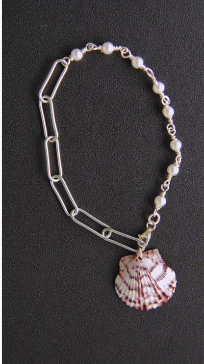 Purple & Pearl Ashley Chain Beaded Silver Shell Bracelet