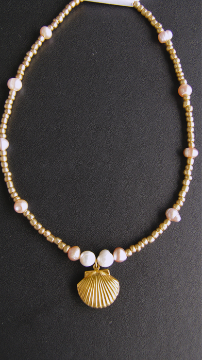 Gold Beaded Pearl & Shell Station Necklace