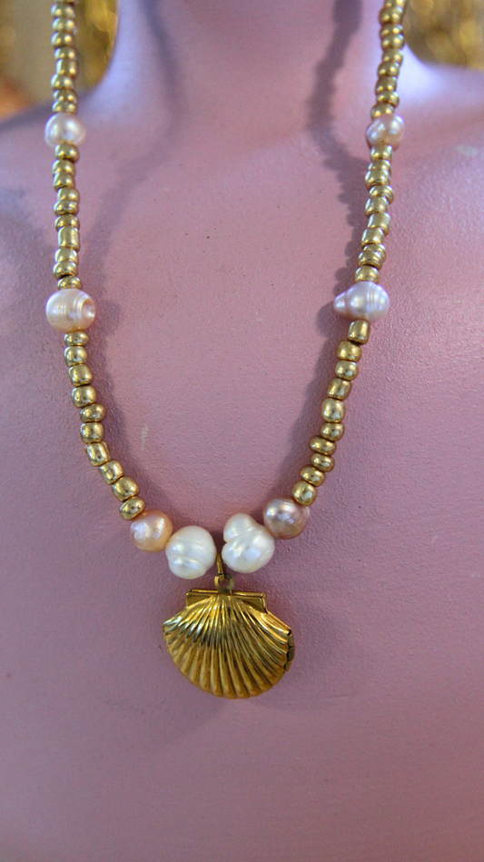 Gold Beaded Pearl & Shell Station Necklace