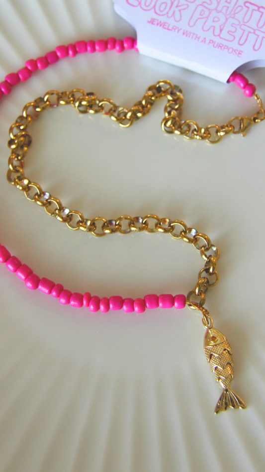 The Pink Half Chain Beaded Fish Necklace