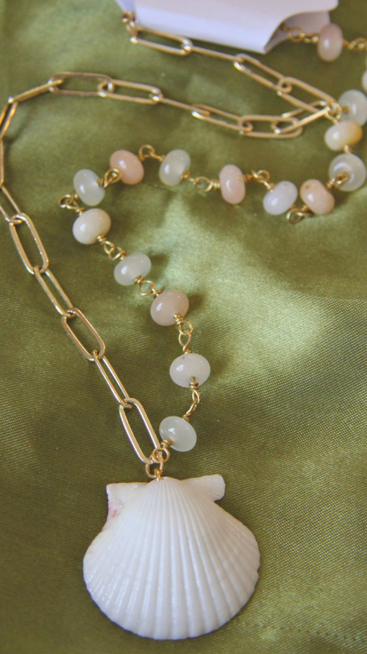 White Half Chain Beaded Shell Necklace