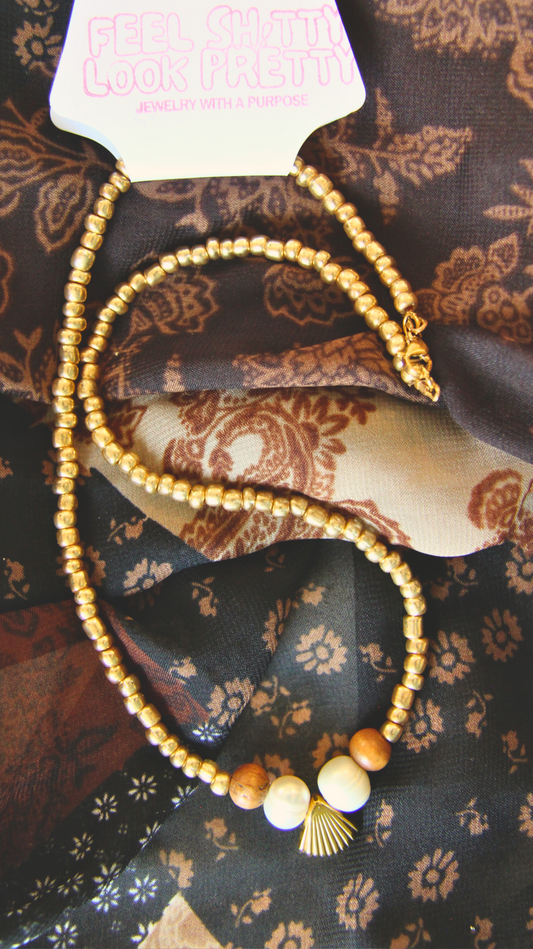 Gold Beaded Pearl and Shell Charm Necklace