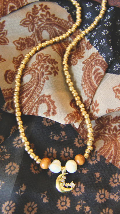 Gold Beaded Moon & Stars Necklace