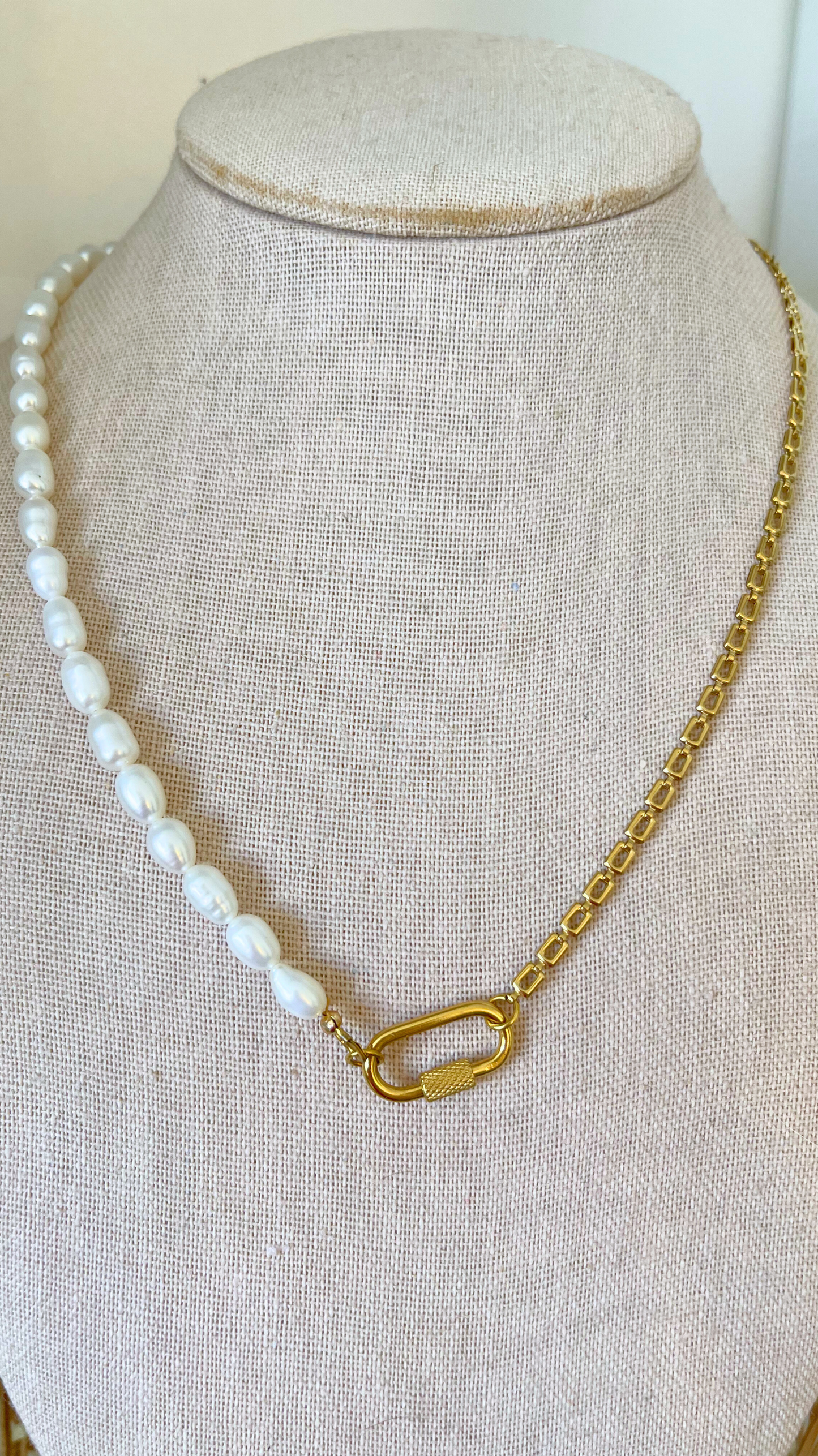 The Half Pearl Half Square Chain Carabiner Necklace