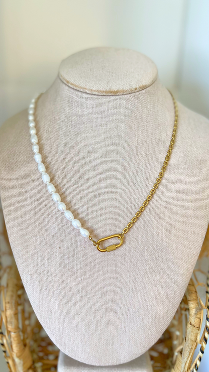The Half Pearl Half Square Chain Carabiner Necklace