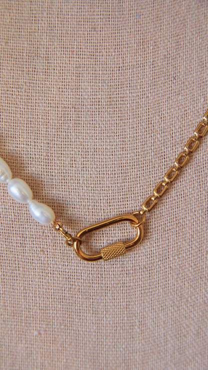 The Half Pearl Half Square Chain Carabiner Necklace