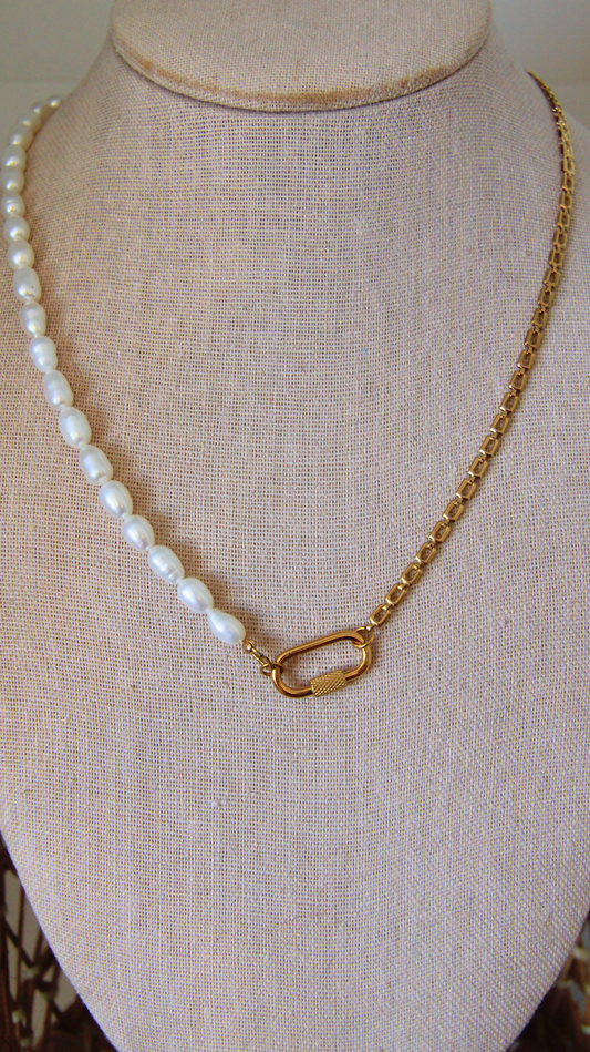 The Half Pearl Half Square Chain Carabiner Necklace