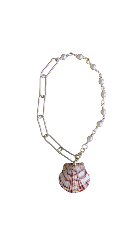 Purple & Pearl Ashley Chain Beaded Silver Shell Bracelet