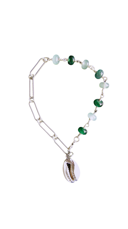 Green Cowrie Shell Silver Ashley Chain Bracelet