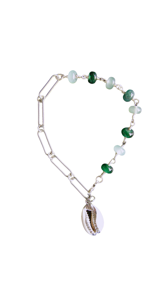 Green Cowrie Shell Silver Ashley Chain Bracelet