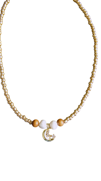Gold Beaded Moon & Stars Necklace