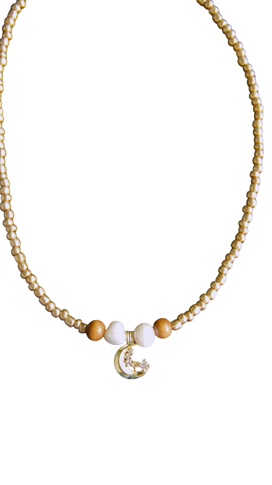Gold Beaded Moon & Stars Necklace