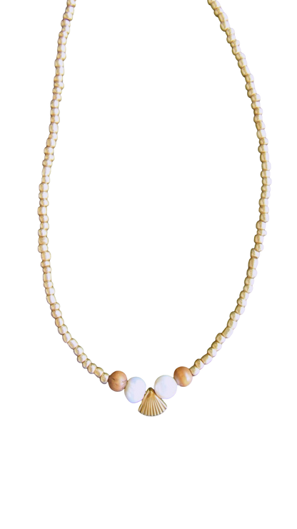 Gold Beaded Pearl and Shell Charm Necklace