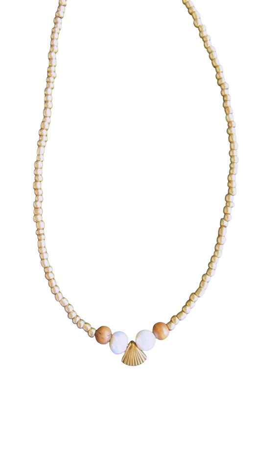 Gold Beaded Pearl and Shell Charm Necklace