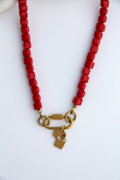 Red Square Czech Glass Charm Base Necklace